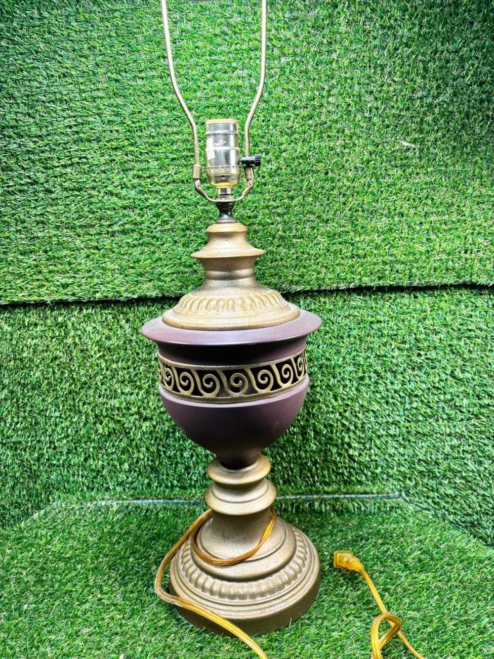 Vintage Hollywood Regency Table Lamp Brown Gold Scroll Metal Accent Lamp
